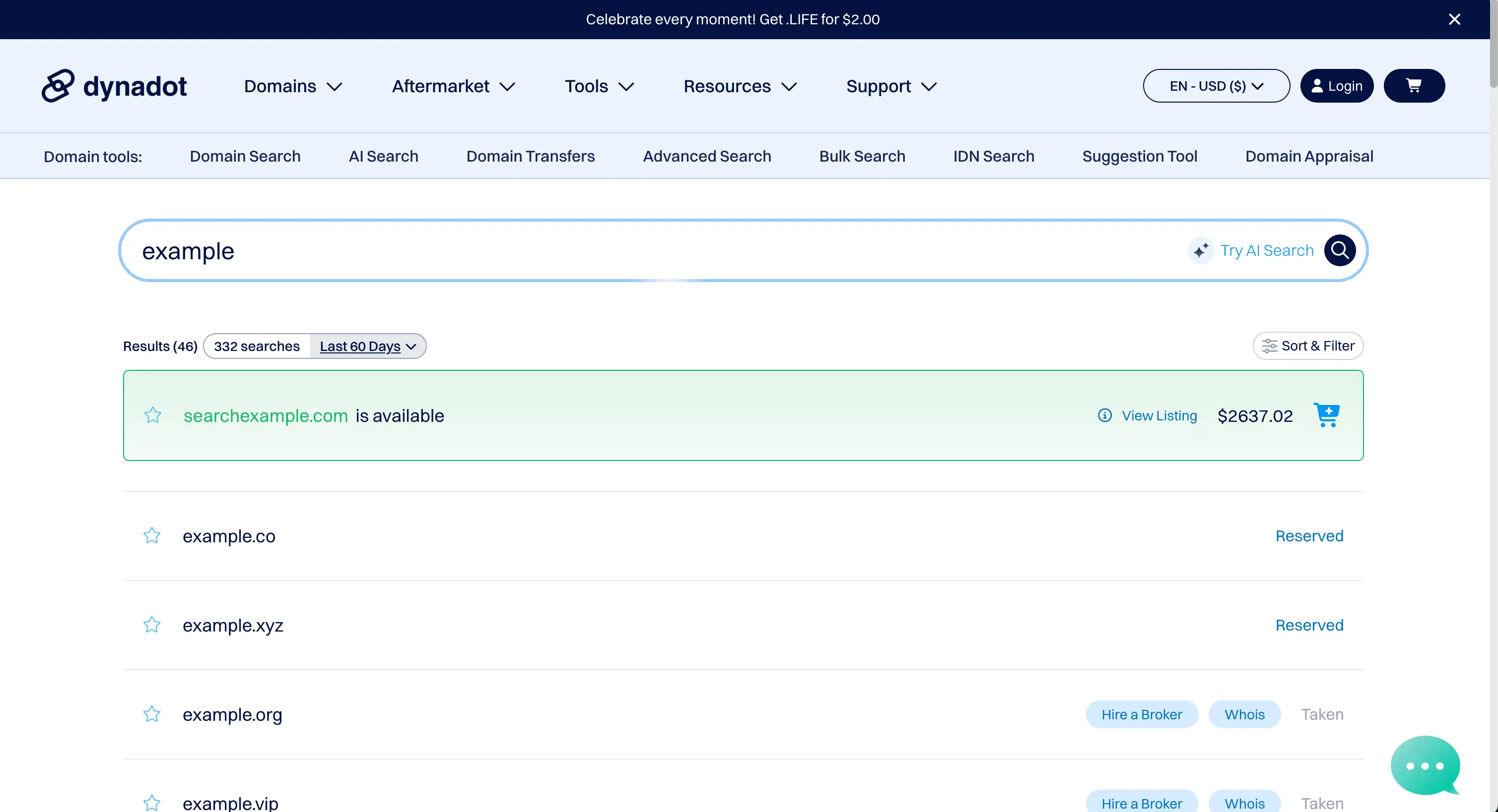 Dynadot domain search interface showing availability results with pricing and TLD options