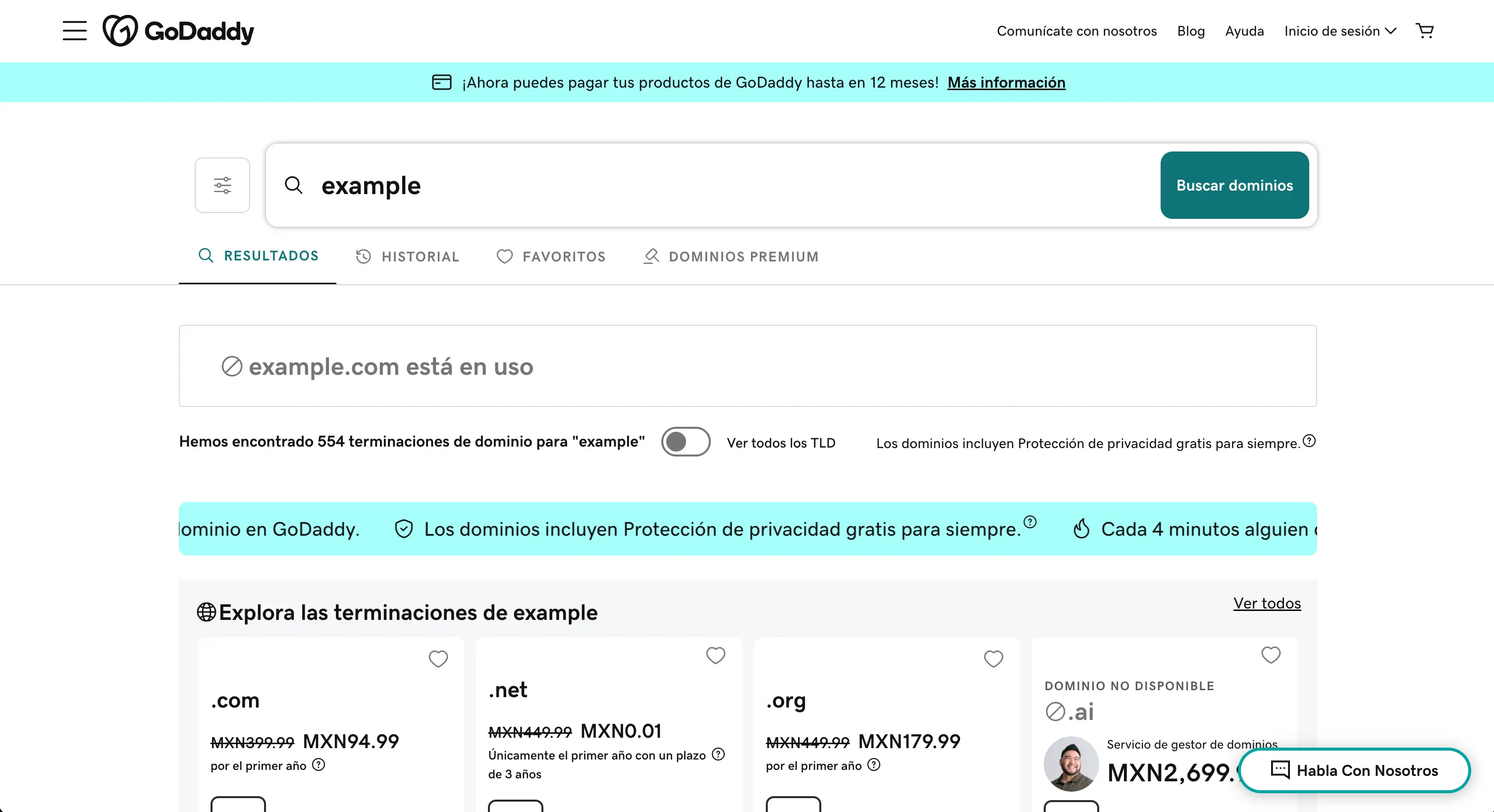GoDaddy domain search interface showing domain availability results with pricing and add-to-cart options