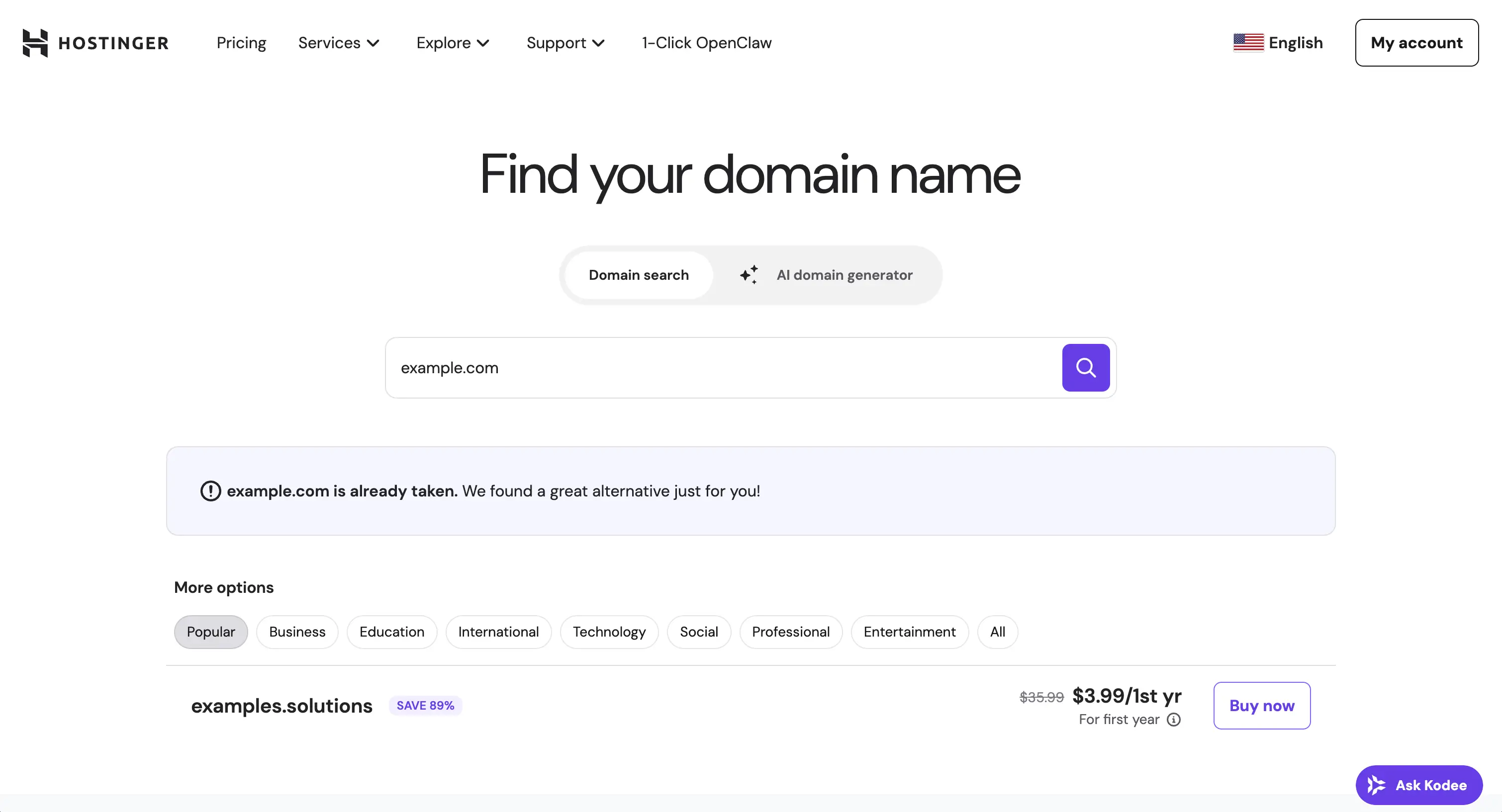 Hostinger domain search interface showing domain availability results with pricing and hosting bundle options