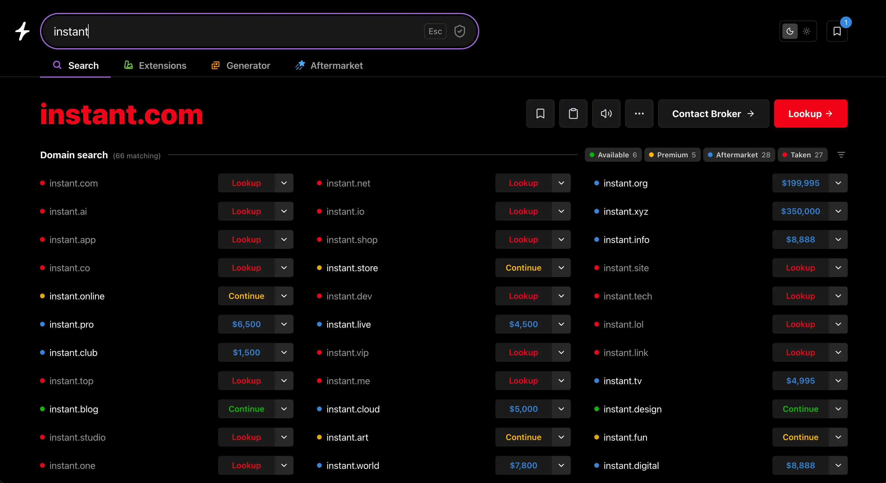 Instant Domain Search interface showing real-time results for the query 'instant' with availability status, pricing, and aftermarket listings across 66 matching domains
