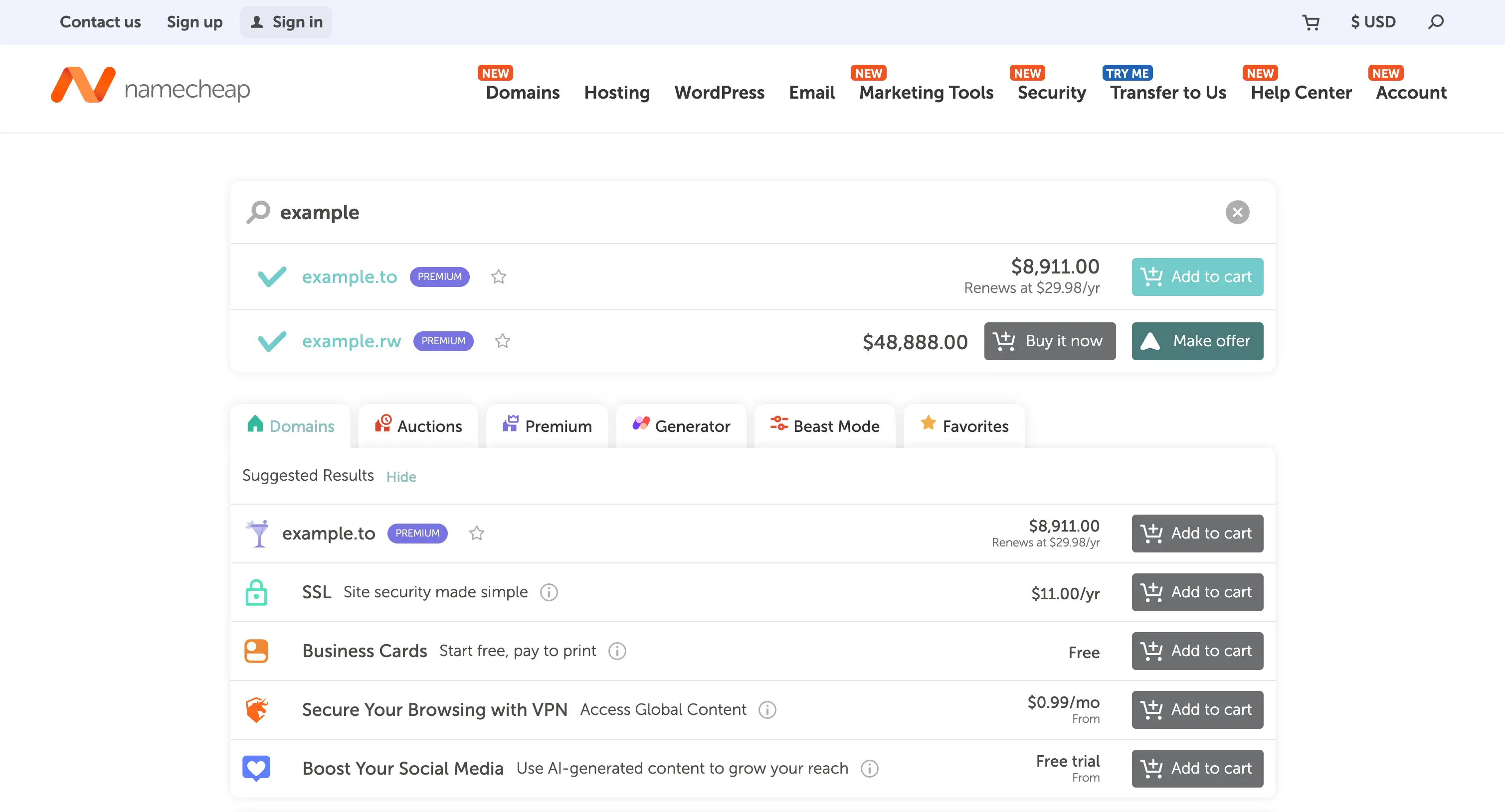 Namecheap Beast Mode domain search interface showing bulk availability results with creative name transforms and TLD filters