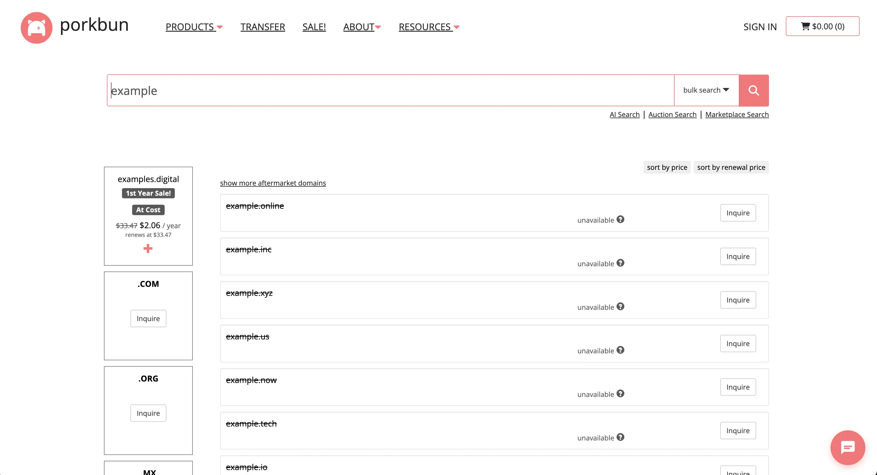 Porkbun domain search interface showing domain availability results with transparent registration and renewal pricing