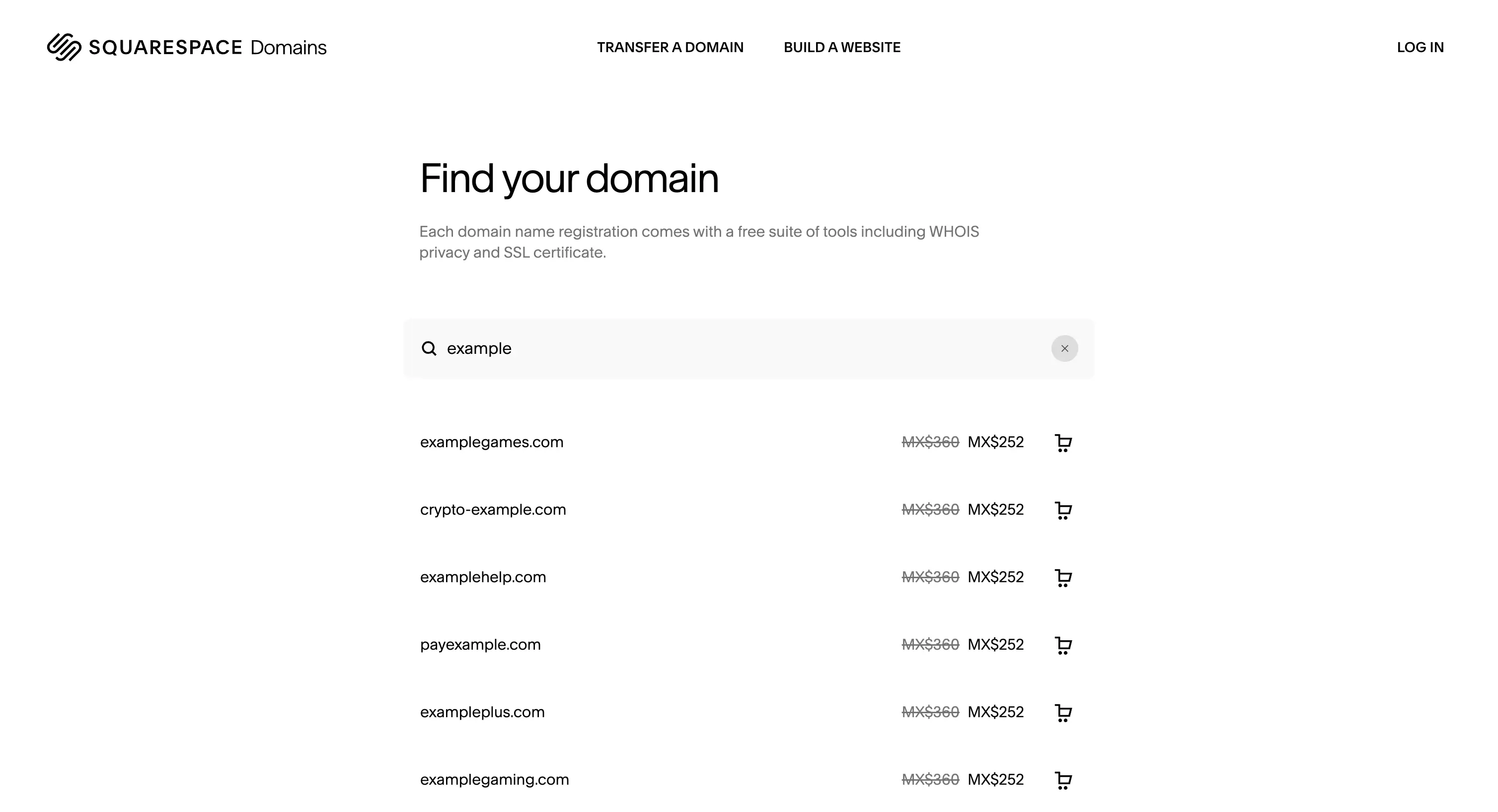 Squarespace Domains search interface showing domain availability results with pricing inherited from Google Domains