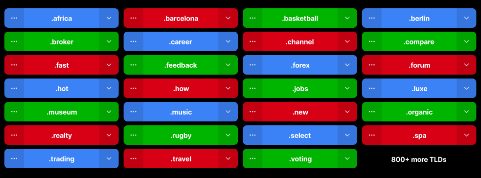 Grid of newly supported domain extensions including .africa, .barcelona, .channel, .forum, .museum, .music, and more