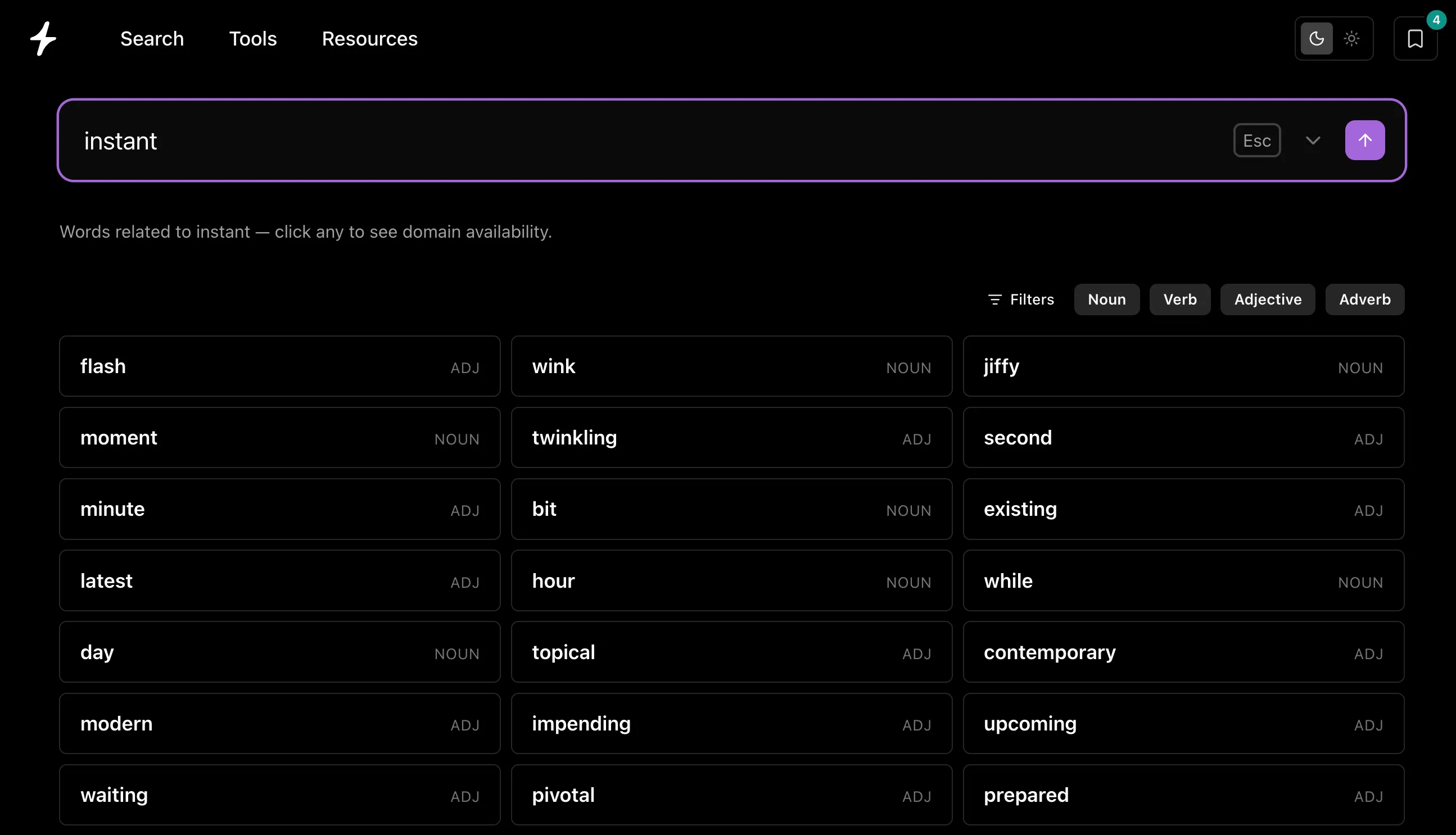 The reverse dictionary showing words related to 'instant' — flash, jiffy, moment, minute, wink and more — each tagged by part of speech, with noun, verb, adjective, and adverb filters