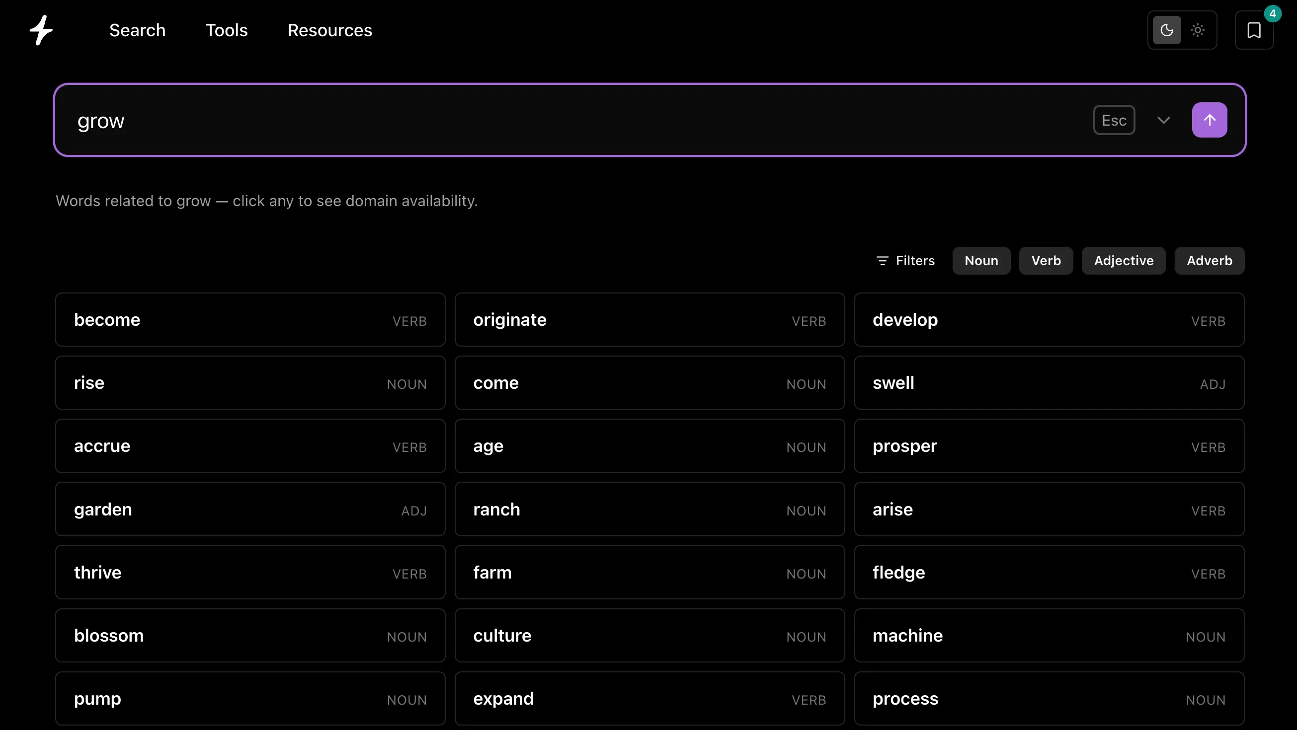 Reverse dictionary results for 'grow' — become, develop, rise, thrive, blossom, prosper and more — each tagged by part of speech