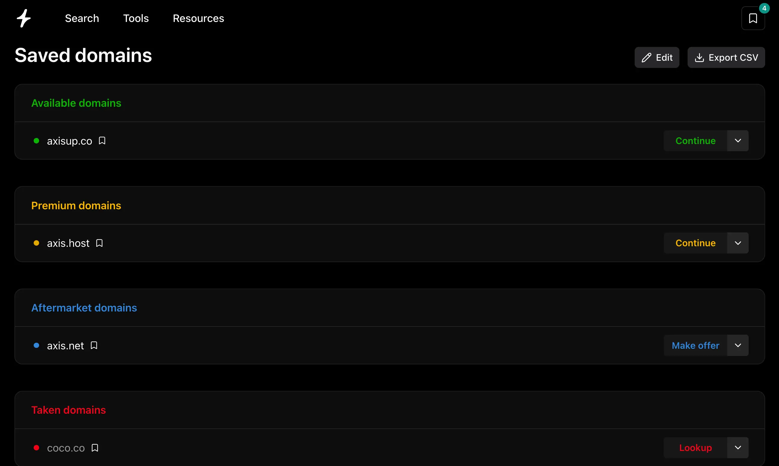 The /saved-domains page showing a sortable table of bookmarked domains grouped by availability